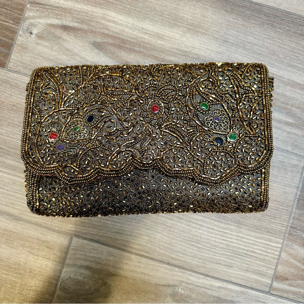 Vintage Hand Beaded La Regale Gold & Jewel Toned Clutch - Picture 6 of 9